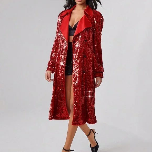Red Preppy Womens Waterfall Collar Sequin Trench Coat - Picture 2 of 5